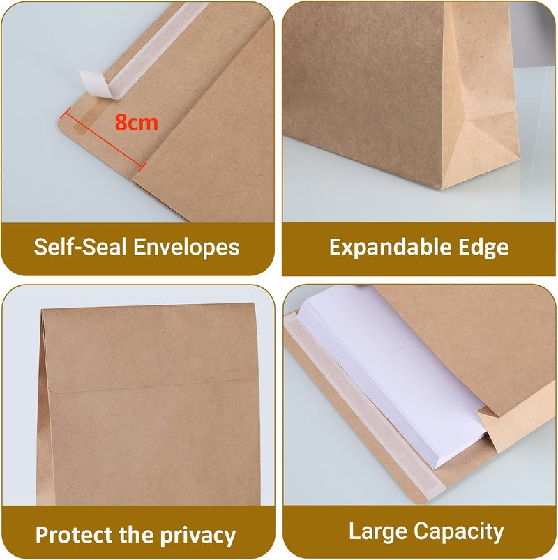 zmybcpack 25 Pack 9.4" x 13.2" Large Kraft Expandable Catalog Envelopes, Self Seal Manilla Envelopes Mailing for Documents, Magazines, Photos (Extra labels for Use) - Image 3